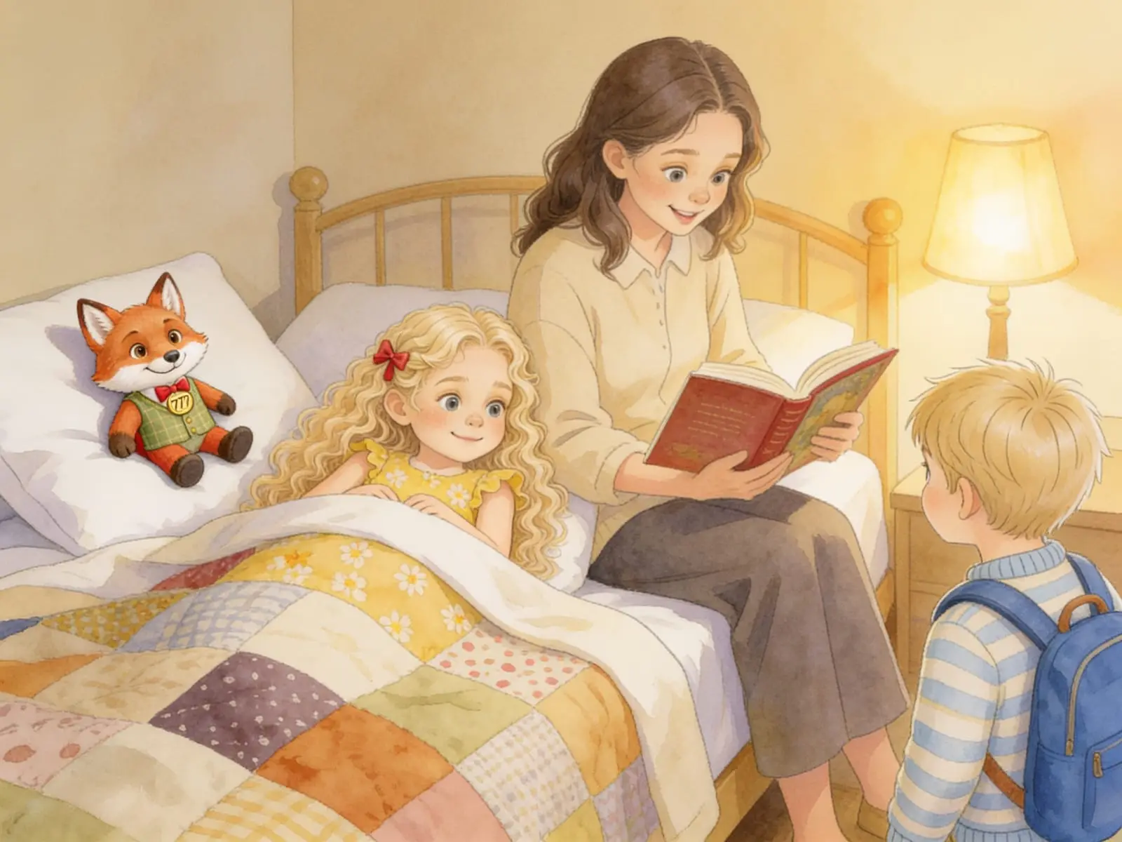 Gutenachtgeschichte am Kinderbett, der Plüsch-Pico sitzt auf dem Kissen