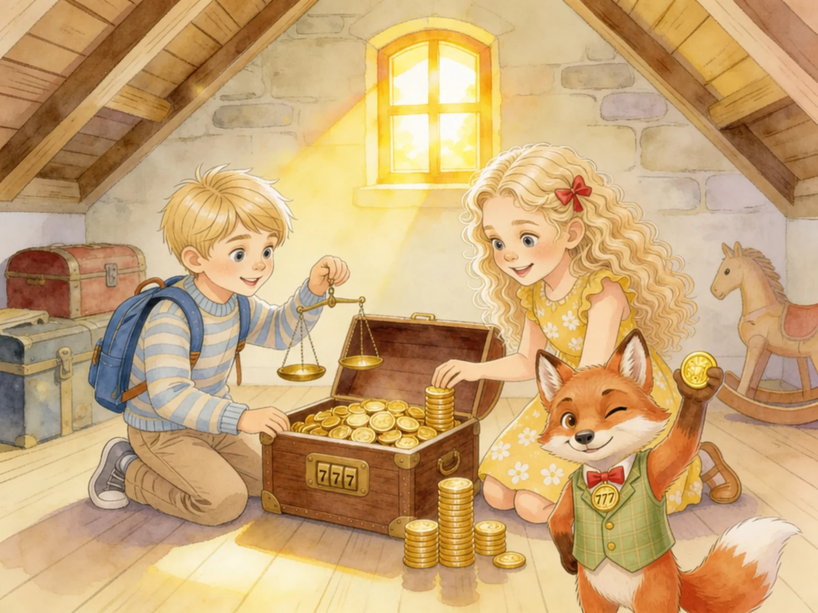 Lara und Jan an der Schatzkiste voller Taler, Pico hält eine Münze hoch